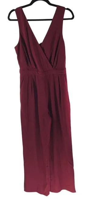 Lulus Kiska Burgundy Lace Wide-leg Jumpsuit Pockets V Neck Pleated M thumbnail 1