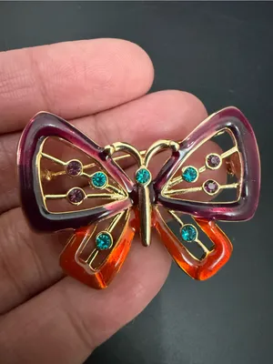 Vintage Gold-tone Red/Plum Butterfly Brooch thumbnail 6