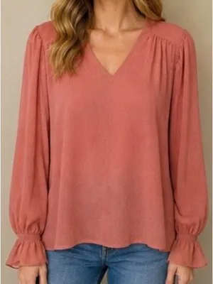 Entro Pink V-Neck Smocked‎ Ruffle Cuff Blouse Size S thumbnail 4