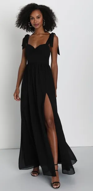 NWT Lulus Radiant Charisma Black Chiffon Ruched Tie-Strap Maxi Dress Wedding XS thumbnail 1
