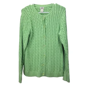 LL Bean Lime Green Cable Knit Cotton Button Up Cardigan Sweater Size LARGE thumbnail 2