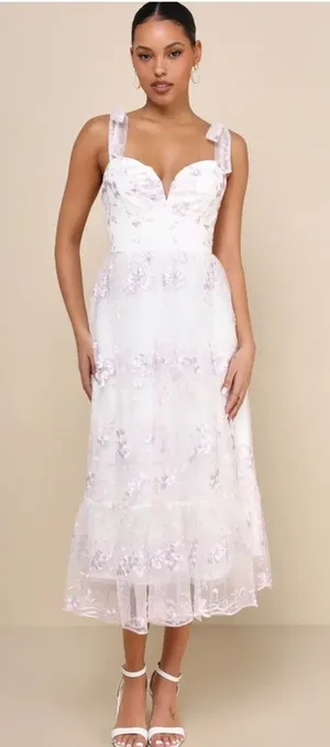 Lulus Distinctly Sweet White Floral Embroidered Tie-Strap Midi Dress Size Small thumbnail 1