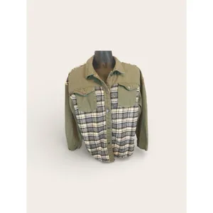 Womens Coats Size Large Cufflink Cotton Denim Plaid Shirt Jacket Army Green thumbnail 2