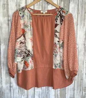 Umgee Orange Mixed Print Floral & Polka Dot Dolman Blouse •Small thumbnail 1