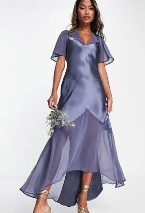 Topshop Satin Mixed Fabric Hi Low Maxi Dress Navy Size 6 thumbnail 9