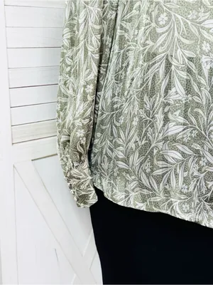 H&M Floral Pleated Mock Neck Blouse Green Cream Large Sheer Satin Office Boho thumbnail 7