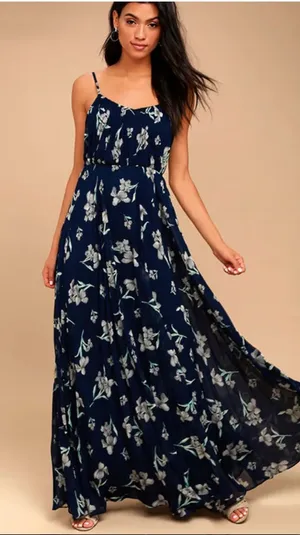 Lulu's Memorable Night Navy Blue Floral Print Maxi Dress medium‎ NWT thumbnail 1