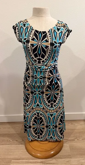Focus Studio Geometric Kaleidoscope Print Ruched Side Cap Sleeve Dress Blue 6 thumbnail 1