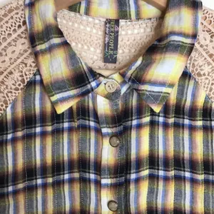 Free People Women's Flannel Plaid Crochet Lace Button Up Shirt Yellow Size XS thumbnail 6
