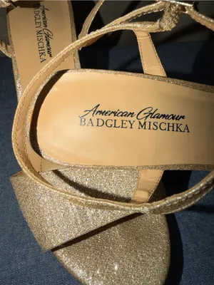 Badgley Mischka American Glamour Gold Glitter High Heel Sandals with Ankle Strap thumbnail 4