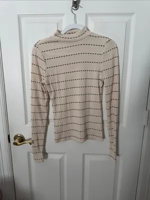 Cream Striped Mock Neck Long-Sleeve Top gilded intent size small thumbnail 2