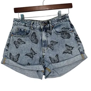 PacSun Womens Butterfly Print Denim Mom Shorts‎ Light Wash Blue Size 27 thumbnail 9