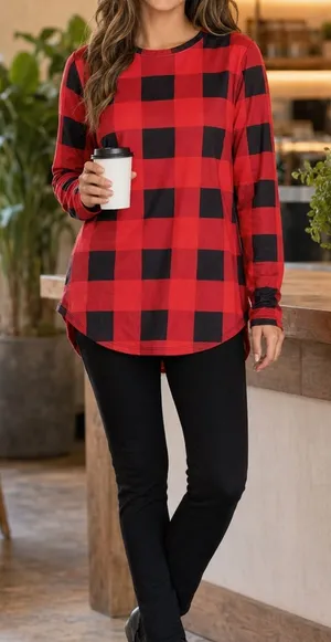 Fantaslook Women’s Small Red Black Buffalo Plaid Tunic Sweatshirt NWT thumbnail 1