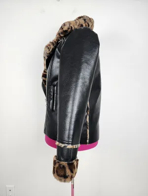 Black Faux Leather Moto Jacket with Leopard Faux Fur Accent thumbnail 13