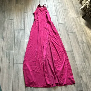 Showpo lonni high neck cut out maxi dress with leg split in berry satin thumbnail 2