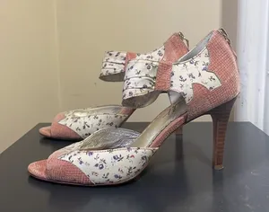 Anthropologie Miss Albright Pink White Multi Floral Peep Toe Back Zip Heels $140 EUC 7.5 thumbnail 2