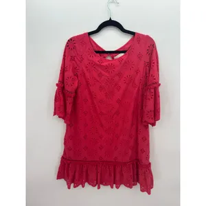 Anthropologie Pink‎ Eyelet Shift Dress Sz 8 Boho Ruffle Embroidered Feminine thumbnail 2