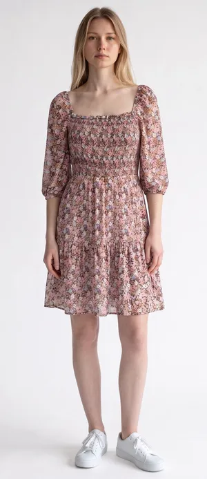 BCBGeneration floral Smocked Mini Dress Square Neck Bubble Sleeve 0 NWOT Cottage thumbnail 1