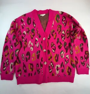 Entro Hot Pink Leopard Print Cardigan V-Neck Button Front Knit Sweater Womens M thumbnail 1
