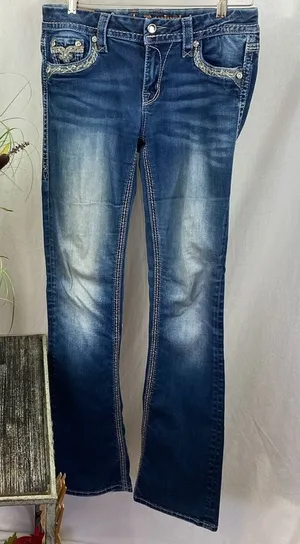 Rock Revival Blue Denim Tansy Mid Rise Curvy Boot Cut Embellished Jeans 27 thumbnail 1