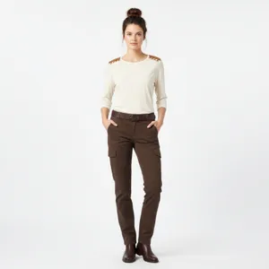 Ralph Lauren Cream & Brown Leather Shoulder Long Sleeve Ribbed Tee T Shirt Top M thumbnail 6