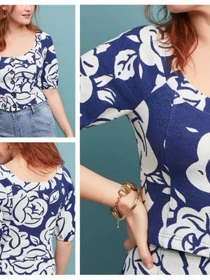 Anthropologie Mauve Amiens Floral White / Navy Puff Sleeve Top thumbnail 2