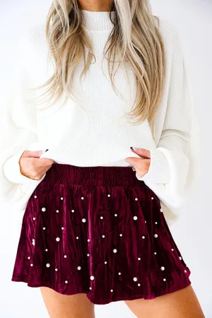 Peach Love Wine Red Velvet Pearl Studded Skort thumbnail 1
