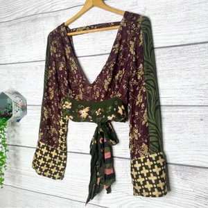 Z&L Boho Floral V-Neck Wrap Tie Long Sleeve Festival Crop Top Size Small thumbnail 4