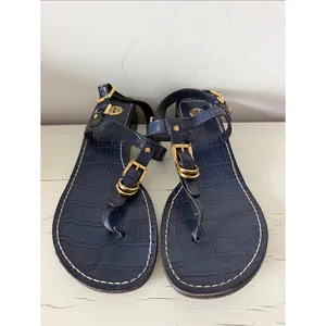 Tory Burch Leather Thong Sandals Women's 9.5 Navy Croc Embossed Gold Buckle thumbnail 2