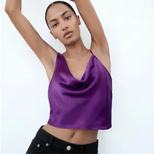 Zara Purple Silk Satin Cowl Neck Drapey Sleeveless Cami Blouse Crop Top Size S thumbnail 4