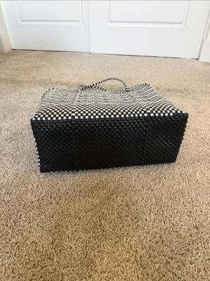 Handwoven Black and White Plastic Tote Bag - Checker Chevron Design thumbnail 4