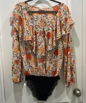 Free People Intimately Say It To Me Bodysuit Long Sleeve Orange Floral XS thumbnail 2