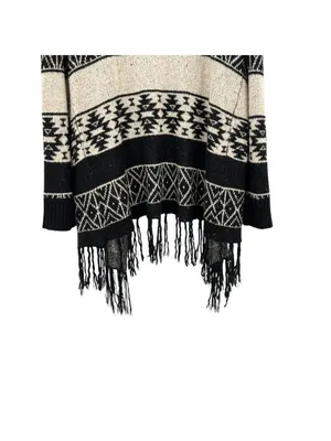 United States Sweaters Black Beige Open Cardigan Large Fringe Hem Aztec Boho thumbnail 7