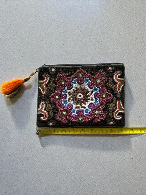 Black Beaded‎ Mosaic Wristlet Clutch with Tassel Accent thumbnail 3