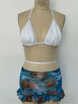 White Textured Halter Bikini Top with Blue Tie-Dye Mini Skirt thumbnail 1
