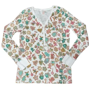 Pink Elephant Women’s Size XS White Gingerbread Print Henley Jogger Pajamas thumbnail 2