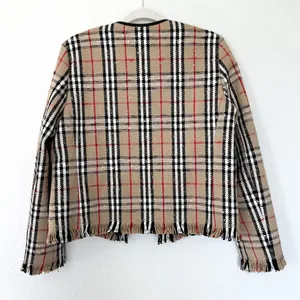NWOT Burberry Beige Vintage Check Plaid Collarless Jacket Blazer in Tan Plaid thumbnail 6