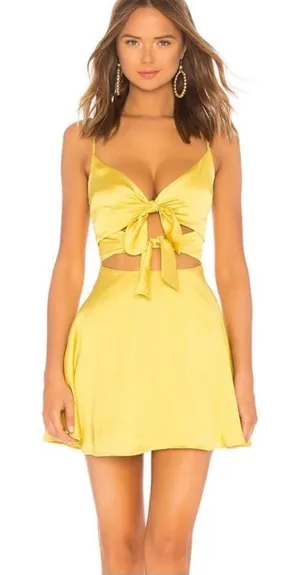 Lovers and friends Nate mini Yellow satin cut out drop waist mini dress thumbnail 1