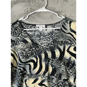 Vintage Y2K Animal Print Sequin Top Zebra Leopard Bell Sleeve Black Cream Large thumbnail 2