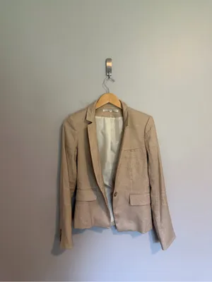 Veronica Beard Linen Blend Upcollar Dickey Blazer in Tan size 6 thumbnail 3