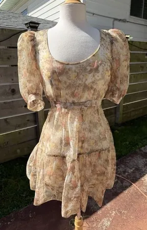Danielle‎ Bernstein Yellow Floral Sheer Puff Sleeve Summer Dress Coquette Fairy thumbnail 1
