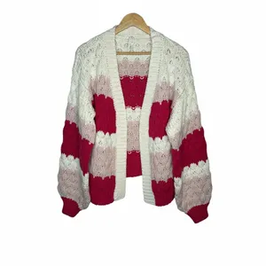 Dreamers by Debut Cardigan Sweater Womens‎ XL Pink White Striped Pointelle Knit thumbnail 10
