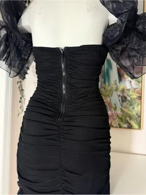 Black Ruched Bodycon Mini Dress Sweetheart Organza Ruffle Sleeves Size Small thumbnail 8