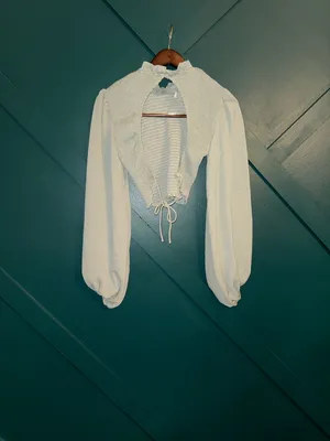 Petal & Pup White Smocked Ruffle-Neck Crop Top with Bishop Sleeves thumbnail 3