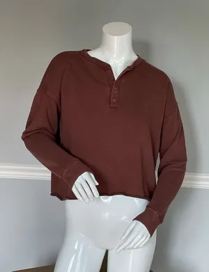 Aerie Brown Cropped Henley Sweatshirt XS thumbnail 1