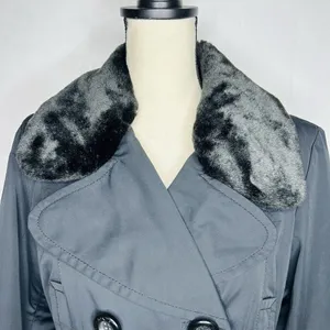 Jones New York Coat Size Large Black Faux Fur Removeable Collar Belted Trench thumbnail 5