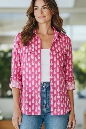 Talbots Womens Pink Pineapple‎ Print Cotton Button Down Shirt Lightweight Large thumbnail 1