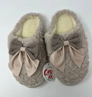 Womens Taupe Fuzzy Faux Fur Scuff Slippers Double Bow Detail Women 8 Soft Girl thumbnail 1