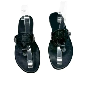 Tory Burch Miller Black Matte Leather Logo Medallion Flat Sandals Size 8 thumbnail 2
