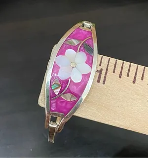 Vintage Alpaca Mexico Mexican Silver Mother of Pearl Inlaid ID Cuff Bracelet thumbnail 7
